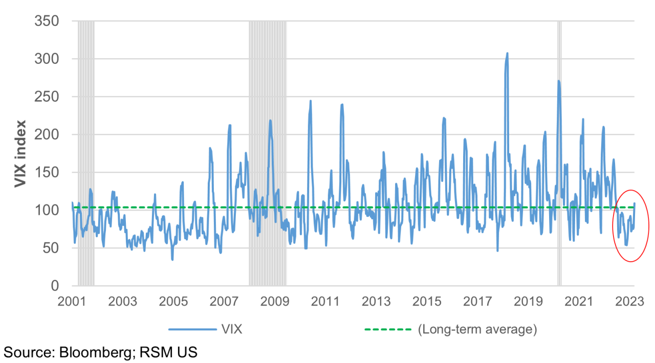 Chart showing the VIX index from 2001 to 2023, including long-term average