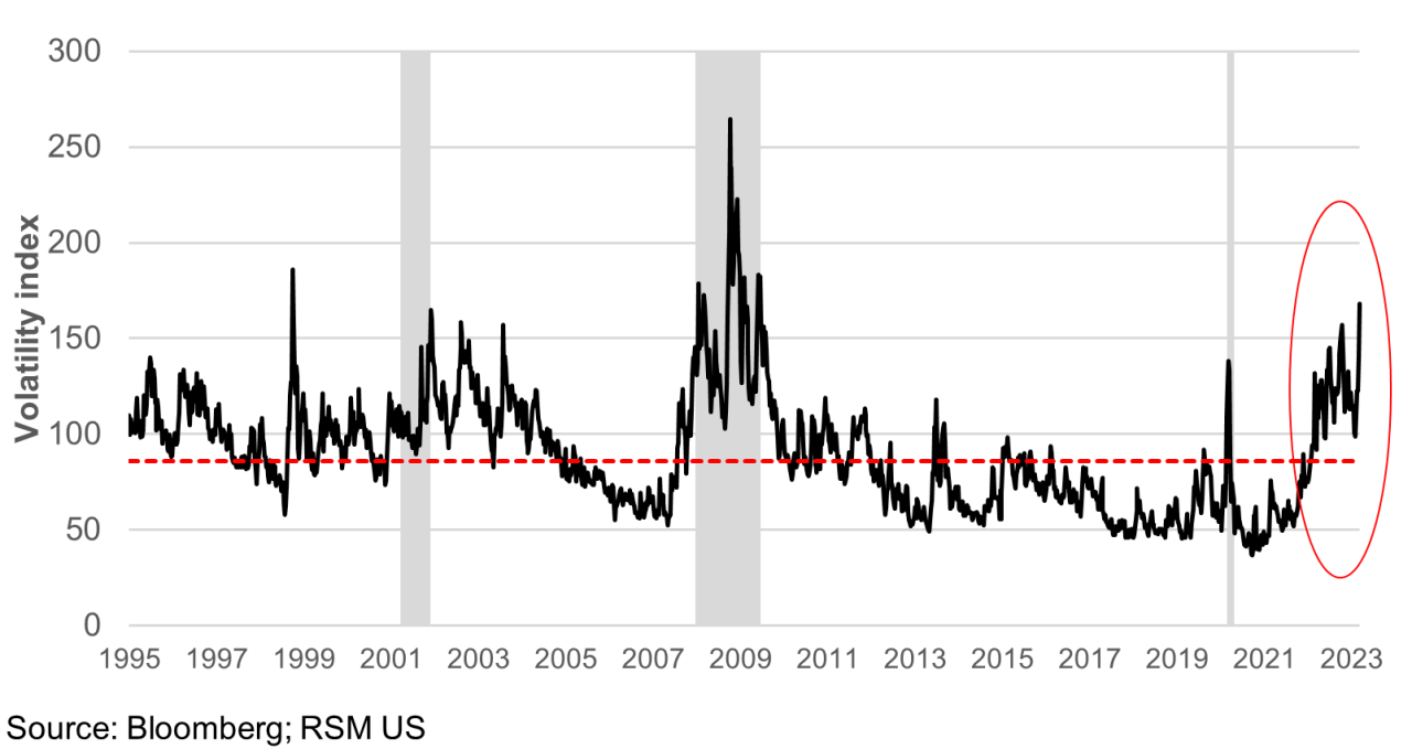 A chart showing th MOVE index of US Treasury market volatility on a scale of 0 to 300 from 1995 to 2023recessions and recoveries