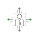 Clean multicolor icon of a robot with internal circuit lines, symbolizing artificial intelligence.